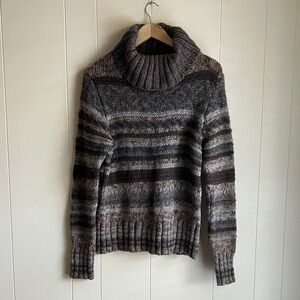Anthropologie Elsamanda Striped Knit Boho Wool Cowl Neck Grey Brown Sweater Sz L